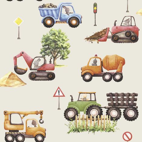 Papier peint engins de chantier animaux enfant (1/2)