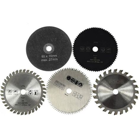 Set de 5 lames de scie circulaire 85mm – Diamètre intérieur 10mm – Alliage dur pour coupe bois, métal, carrelage, plastique, aluminium (1/5)