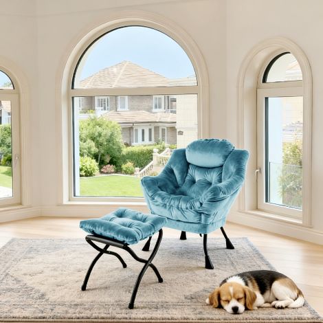 Fauteuil avec pouf, fauteuil de relaxation avec accoudoirs, poche latérale et repose-pieds, fauteuil de salon, fauteuil TV, fauteuil à oreilles pour salon, chambre ou bureau – Bleu