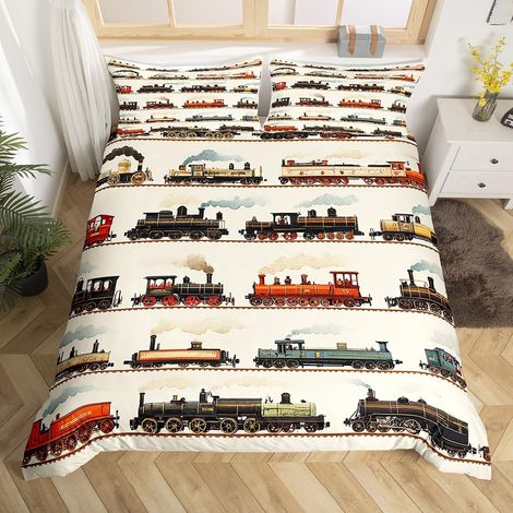 Parure de lit avec housse de couette de 135 x 200 cm, motif train vintage, machine à vapeur, pour enfants, filles et garçons (1/5)