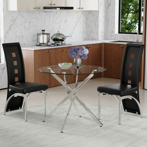 Set tavolo da pranzo rotondo con 2 sedie 88x88x75 cm, vetro temperato, sedute ergonomiche, metallo argento, nero (1/5)
