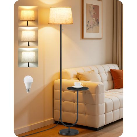 Lampadaire avec Table d’Appoint, 3 Températures, Mémoire, Abat-Jour en Lin Naturel, Interrupteur à Chaîne, pour Salon, Chambre, Bureau, Noir et Beige (1/5)
