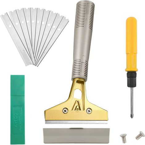 Racloir à Lame Grattoir en Aluminium Polyvalent avec vis, Utilisé pour Enlever les Étiquettes, Les Autocollants et le Papier Peint sur le Bois, Les Fenêtres et le Verre(Avec 10 Lames en Métal) (1/5)