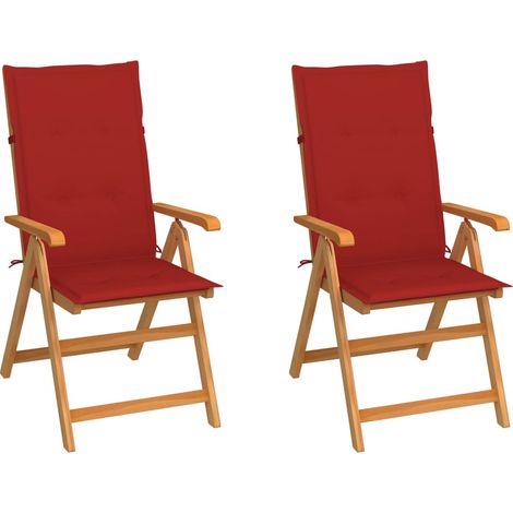 Chaises de jardin lot de 2 et coussins rouge Bois teck massif (1/5)