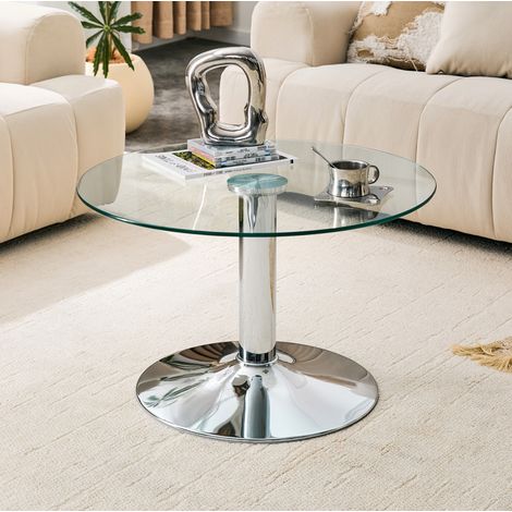 Mesa de centro redonda de 70 cm para salón con tablero de cristal templado y estructura metálica, acabado moderno, apta para uso diario - color plata. (1/5)