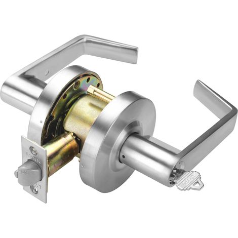 Verrou de porte commercial – Poignée de porte verrouillable robuste, poignées de porte design, serrure à levier cylindrique, poignée de porte sans main, de grade 2, chrome satiné (1/5)