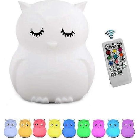 Luz nocturna infantil de silicona suave con forma de búho, 9 colores, recargable, con control remoto LED - Buena (1/3)