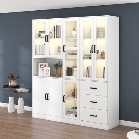 Moderne vitrine blanche combinée 200 cm de hauteur et 180 cm de largeur, meuble d'exposition blanc lumineux à LED, 8 portes, 3 tiroirs - parfait pour valoriser votre décoration intérieure