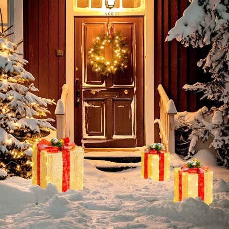 Beleuchtete Weihnachtsgeschenkboxen, Weihnachtsdekoration mit Schleife, 58 Lichter, 3er-Set goldene LED-Geschenkboxen (1/3)