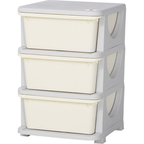 Boîtes de rangement pour enfants, 3 grands tiroirs, bords arrondis, plastique, 37 x 37 x 56,5 cm, blanc crème