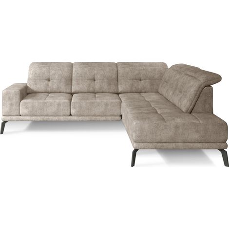 Canapé d'angle droit vintage matelassé tissu vintage effet cuir beige et pied noir Kazane 275cm (1/5)