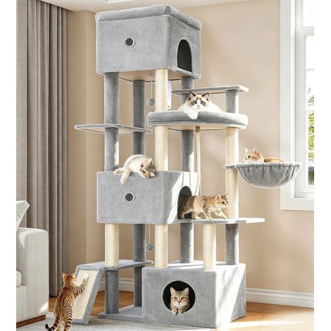 Arbre à Chat XXL, 200cm Grand Tour de Jeux pour Chats, Gris Clair Arbre à Grimper avec 3 Niches, 7 Griffoirs, Panier, Hamac, Pompons, pour Usage Intérieur (1/5)