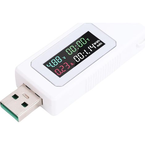 Compteur de Puissance USB, Multimètre Numérique Testeur de Courant de Tension avec Mémoire Intelligente pour Chargeurs de Banques D'alimentation Téléphones Portables, 0-6,5 A (WHITE)