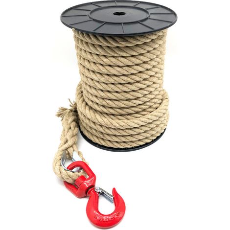 Corde à poulie avec cordage Chanvre D. 20/22 mm x L. 25 mètres + crochet à émerillon C.M.U 1500 Kg avec linguet - D-Work (1/5)