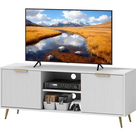 Meuble TV blanc 2 portes 2 compartiments ouverts pour téléviseur 55 pouces 120x35x48 cm
