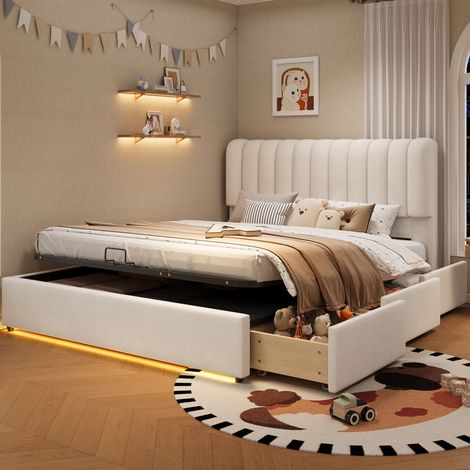 Lit coffre 140x200 cm avec vérin à gaz, 3 tiroirs, LED et velours beige OKMYHOME (1/5)