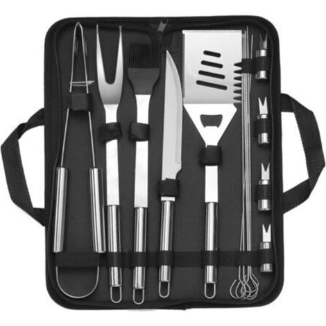 10-Piece Stainless Steel BBQ Utensil Set – Tongs, Spatula, Fork, Brush, Knife, Skewers – Carrying Bag Included (1/5)