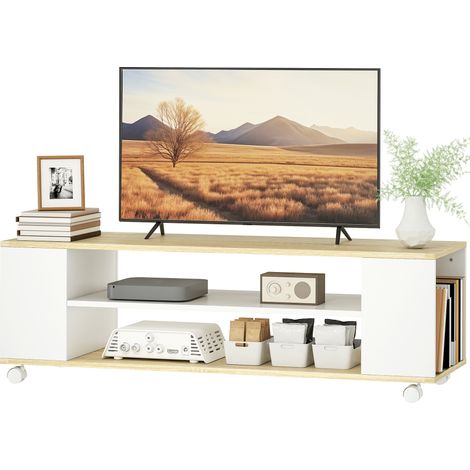 Meuble TV avec roulettes 120 cm, meuble télé pour téléviseur jusqu'à 55 pouces, 2 étagères ouvertes, blanc et naturel (1/5)
