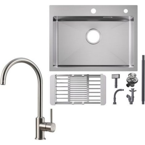 Küchenspüle aus Edelstahl 60x45cm Aufsatzwaschbecken Gebürstete + Hochdruck-Küchenarmatur Gebürstete Küche Wasserhahn Hohe 363.7MM (1/4)