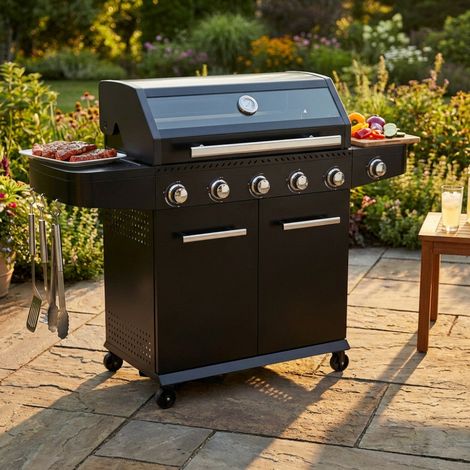 Barbecue a gas 5 fuochi con fornello laterale e finestra in vetro sul coperchio Mexico (1/5)
