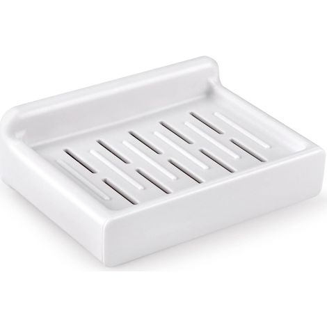 Porte-Savon Mural Adhésif Blanc, Support de Douche Sans Perçage avec Égouttoir, Boîte à Savon en Plastique pour Salle de Bain et Cuisine