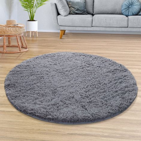 Teppich Wohnzimmer Hochflor Langflor Weich Soft Modernes Einfarbiges Design 80 cm x 80 cm x 37 mm Grau Rund (1/5)