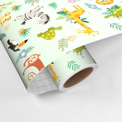 Rouleau revêtement adhésif vinyle au mètre - Sticker lavable Cuisine Meuble Armoire Porte - ANIMAUX DE LA JUNGLE - 60x100cm