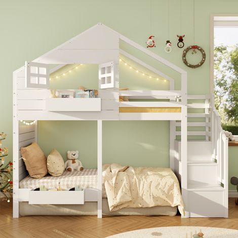 Lit superposé 90/200 cm blanc avec escalier de rangement et espace de jeu (1/5)