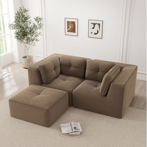 Sofá esquinero modular marrón en pana con reposapiés móvil y sin montaje (1/5)