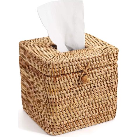 Boîte à mouchoirs carrée en rotin tressé (1 pièce), style rétro, avec couvercle, idéale pour un bureau, un salon ou une salle à manger. Dimensions : 15 cm x 15 cm. Couleur naturelle. (1/5)