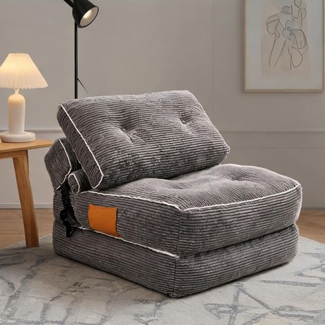 Fauteuil poire convertible 90 x 90 cm en tissu côtelé gris (1/5)