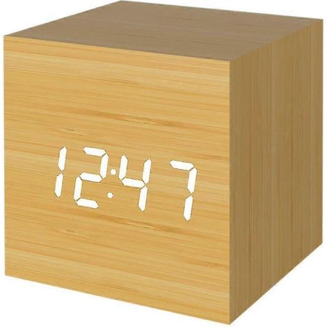 Réveil numérique 2024, mini réveil cube moderne en bois avec éclairage LED, affiche l'heure, la date et la température. (1/2)