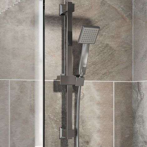 Chrome Square Shower Kit Head Single Spray Adjustable Riser Rail Bathroom Luxury (1/3)