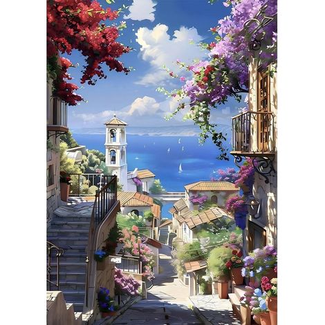 Kit de peinture diamant 5D Scène de rue "L'escalier vers la mer" 30x40cm