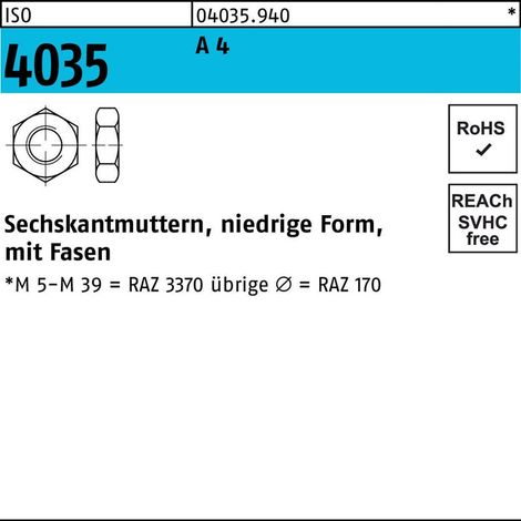 Sechskantmutter ISO 4035 M 8 x 1,25 Edelstahl A4 blank 100 Stk (1/2)