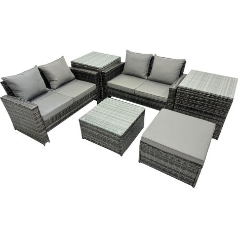 Fimous PE Rattan Garden Furniture Set Lounge Double Seat Sofa Coffee Table Set with 2 Side Tables Big Stool Dark Grey Mixed (1/5)