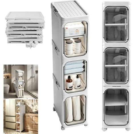 Casiers de salle de bain pliables, armoires de salle de bain ultra-minces à trois couches, portes magnétiques, étagères et roulettes amovibles avec serrures, casiers étroits indépendants étanches, ada (1/5)