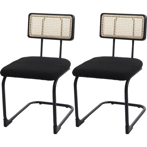 Lot de 2 chaises à piétement luge HWC-K88 - chaise à dossier - bois rotin métal bouclé - tissu/textile noir (1/7)