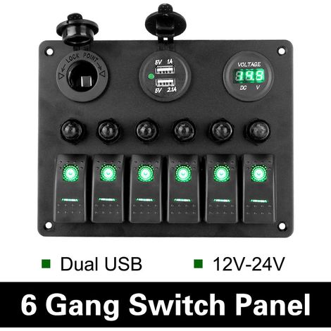Panneau de commande à 6 groupes avec double port USB 12 V/24 V, voltmètre à bascule, circuit pour camping-car/bateau, disjoncteur à LED