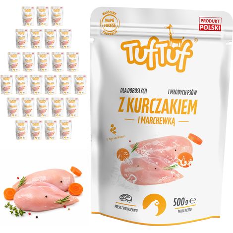Comida húmeda para perros TufTuf sabor pollo y zanahoria, sobres de 30 x 500 g, carne en conserva. (1/2)