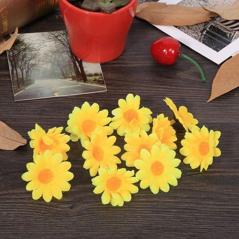 Lot de 100 têtes de marguerites colorées en tissu pour mariage, fête, bricolage, décoration d'artisanat, réalistes et durables, 11 couleurs, 4,9 cm de diamètre (jaune) (1/5)