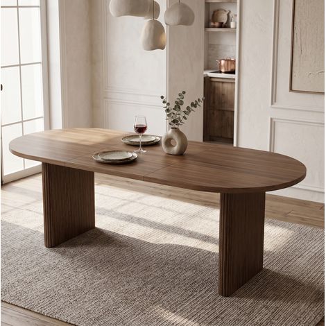 Mesa de comedor extensible rectangular 140-200 cm, de MDF, acabado nogal (1/5)
