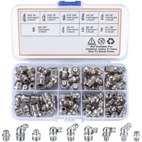 60 Pièces graisseur a Visser, Assortiment Graisseur M6 M8 M10, Droit Graisse Raccord 45° 90° 180°, avec Boîte en Plastique, pour Équipement Mécanique, Embout de Graissage Fixations
