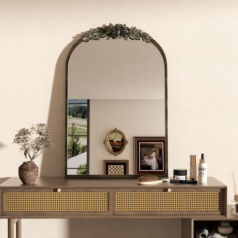 Antique Wall Mirror, Vintage Baroque Arched Brass Mirror Metal Frame Decorative - 50cm x 75cm
