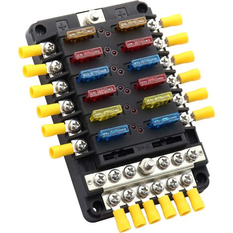 12-way fuse box with negative bus bar, 12V/24V DC blade fuse blocks, 12 circuits, fuse box holder for car, boat, SUV, RV, van