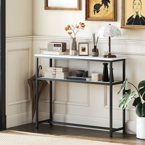 Consolle stretta con piano effetto marmo, ripiano a giorno e struttura in metallo 100x30x81 cm Bianco