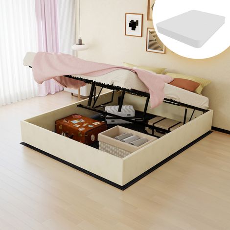 Cama moderna minimalista 160x200 cm beige en tela y metal, sin cabecero, con pistón de elevación y colchón incluido