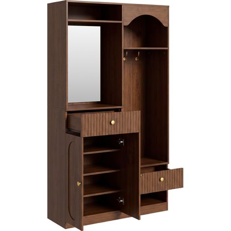 Armario perchero de recibidor con espejo, banco y zapatero 100x35x180 cm MDF nogal HOMVRA (1/5)