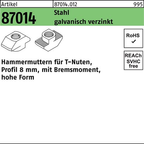 Écrou tête de marteau R 87014 Couple de freinage élevé 8mm M5 acier galv.zingué 1000p.
