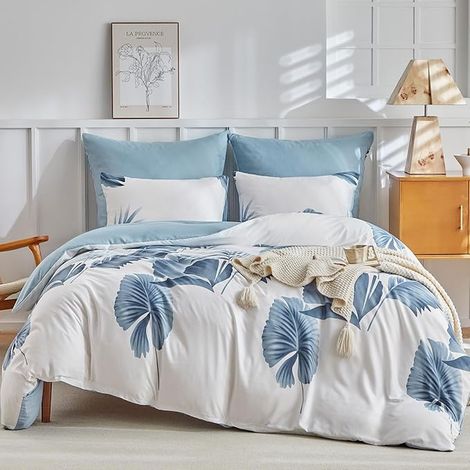 Duvet Cover 220 x 240 cm with 2 Pillowcases 65 x 65 cm Palm Leaf Design Bedding Set 220 x 240 cm Microfibre with Zips Blue (1/3)